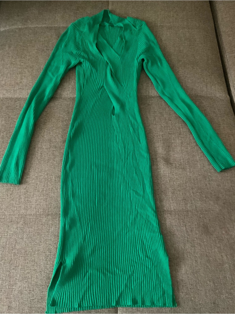SHEIN Emerald Green Ribbed Long-Sleeve Midi Dress